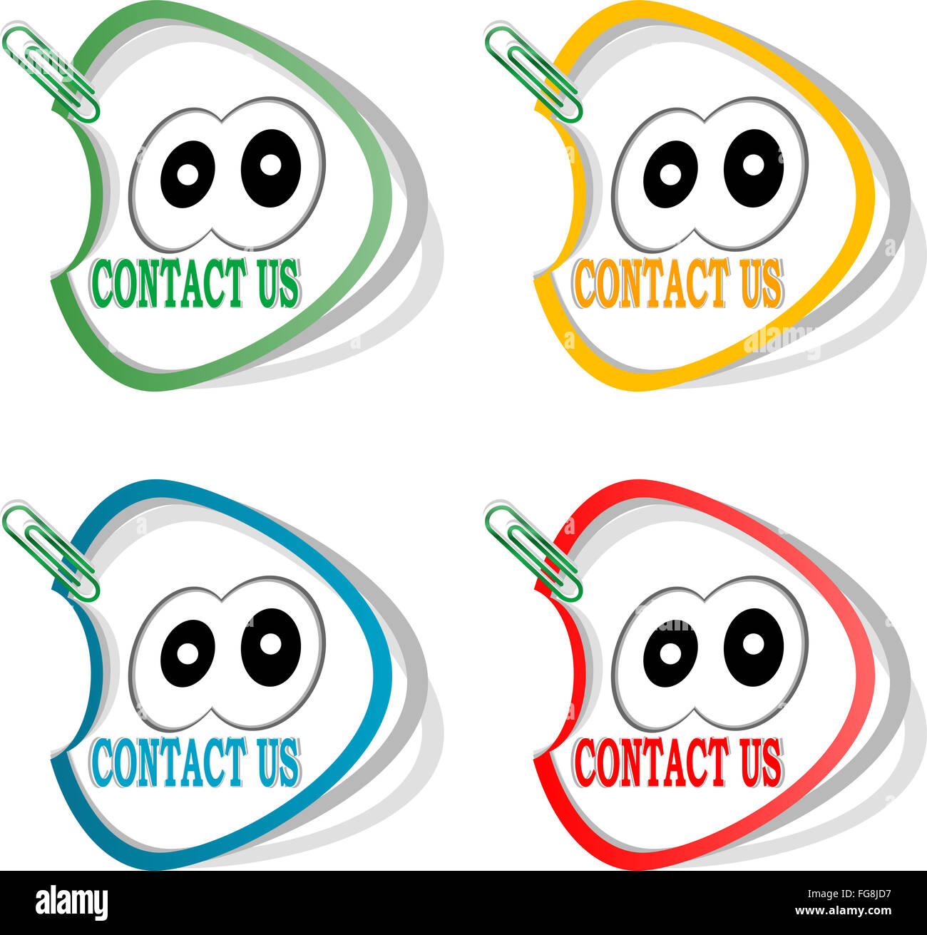 Contact us labels and cute cartoon eyes, stickers for the web page Stock Photo