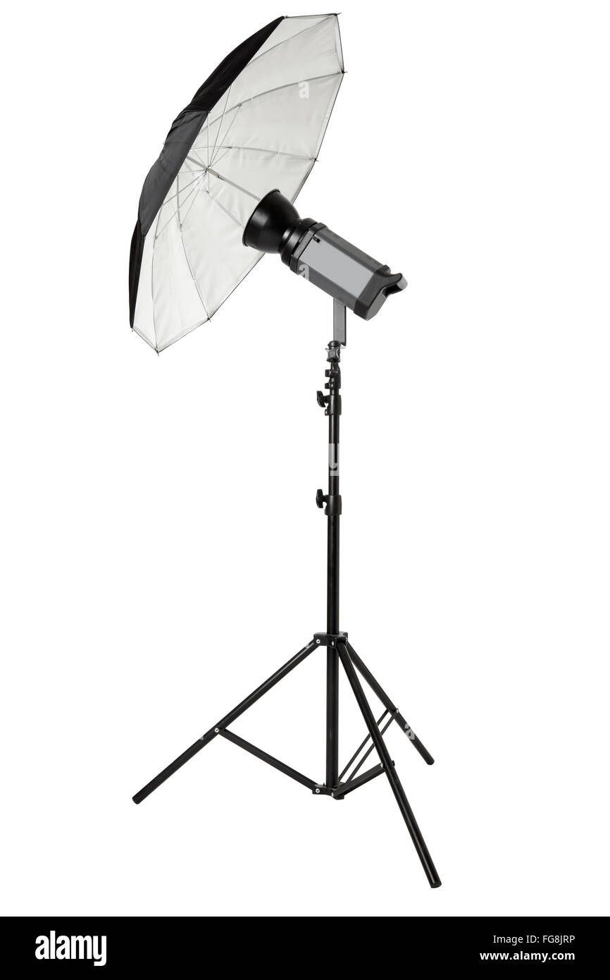 Studio flash with umbrella and stand on white, clipping path Stock Photo
