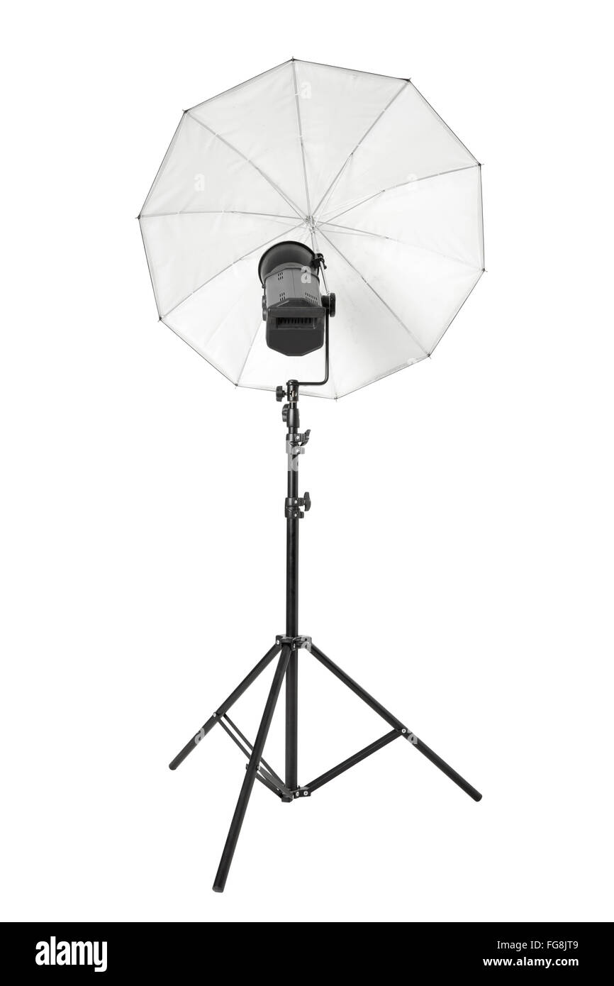 Studio flash with white umbrella and stand on white, clipping path Stock Photo
