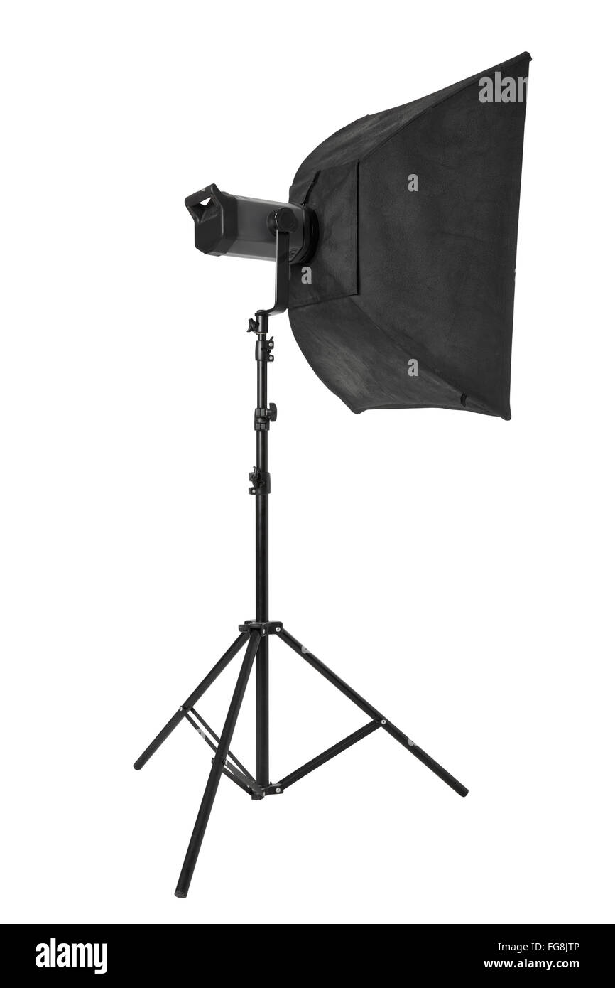 Studio flash with softbox and stand on white, clipping path Stock Photo