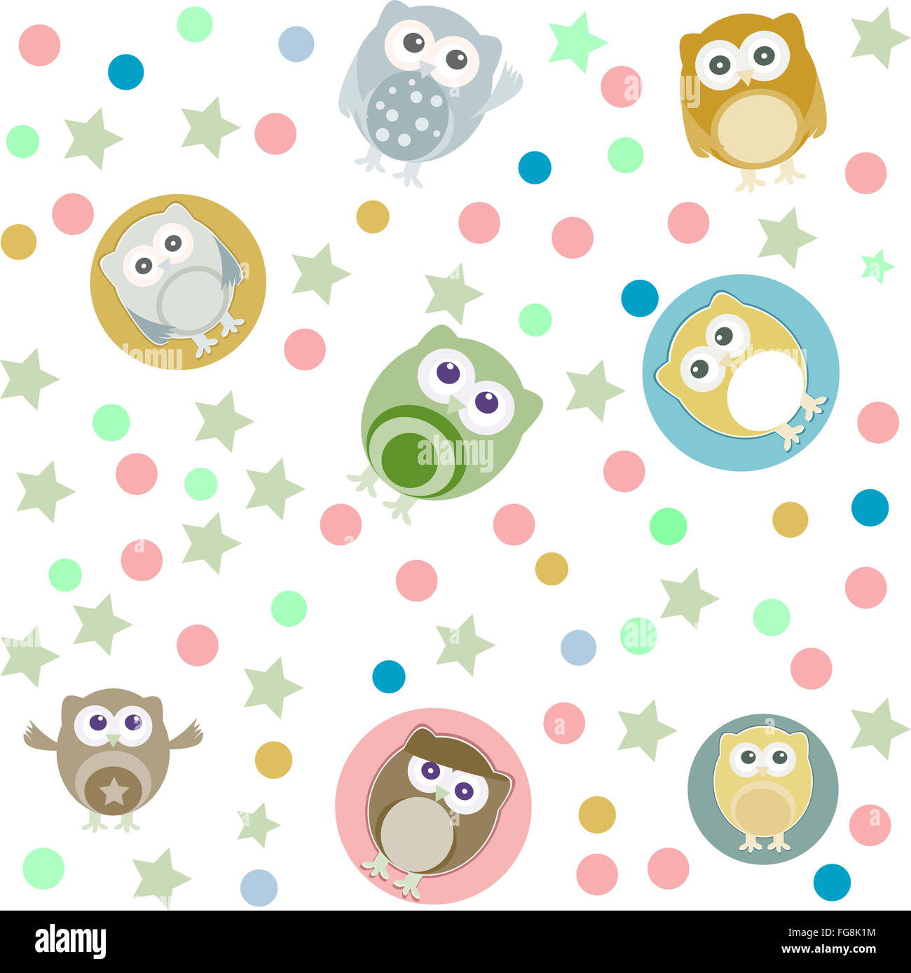 Bright background with owls, stars and circles. Seamless pattern Stock Photo