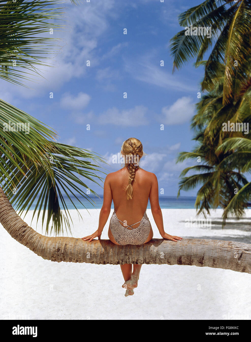 Young woman sitting on palm tree, Kuda Bandos, Bandos Island, Kaafu Atoll, Republic of Maldives Stock Photo