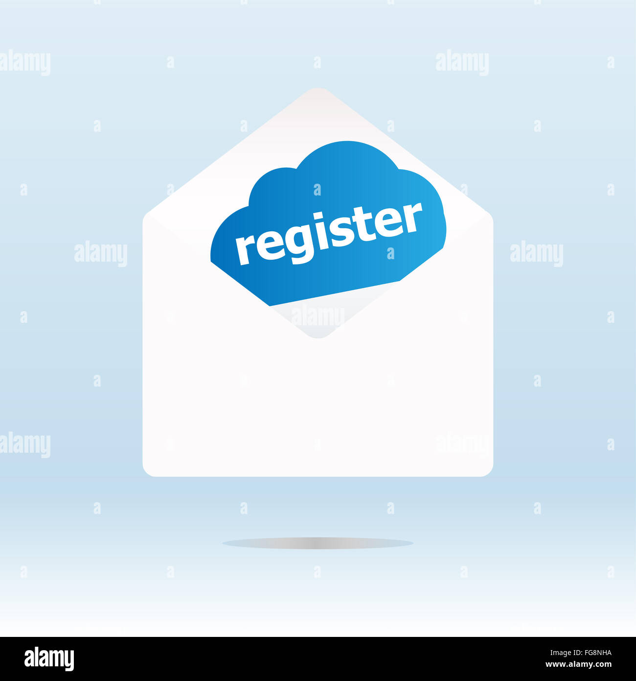 register word on blue cloud on open envelope Stock Photo