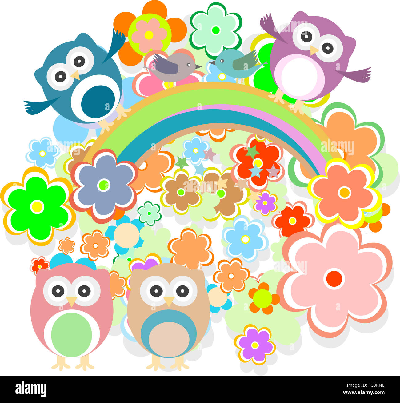 Cute colorful floral pattern with owls, flowers and bird Stock Photo ...