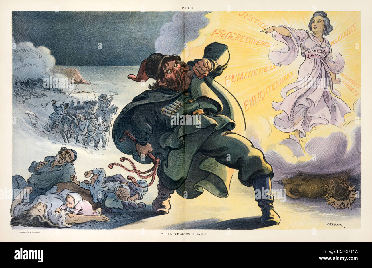 'The Yellow Peril' 1904 political cartoon poster by American artist Udo J. Keppler (1872-1956) Puck magazine showing the Russian Empire depicted as a menacing figure persecuting Poland and Finland being blinded by the light of a progressive Japan during the Russo-Japanese War. Stock Photo
