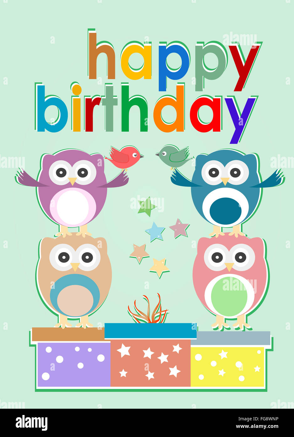 card with cute owl, birds and gift boxes - happy birthday Stock Photo ...