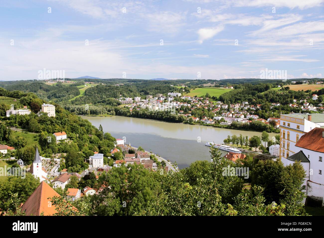 geography / travel, Germany, Bavaria, Passau, Veste Oberhaus, view from the fortress towards the three river mouth, junction of the river Ilz, Danube and Inn, Additional-Rights-Clearance-Info-Not-Available Stock Photo