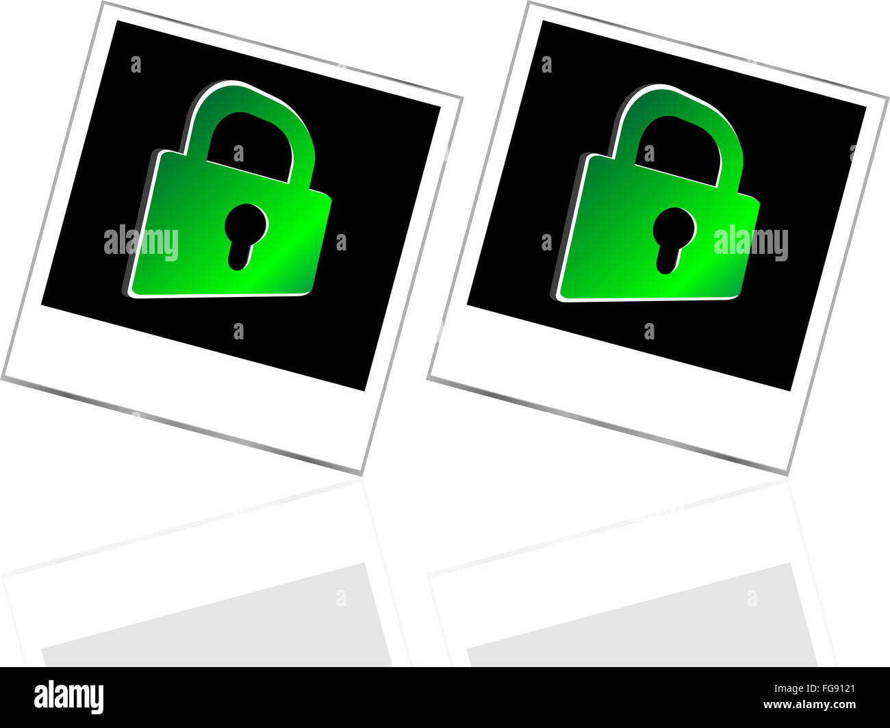 Set of empty photos and green padlock on abstract white background