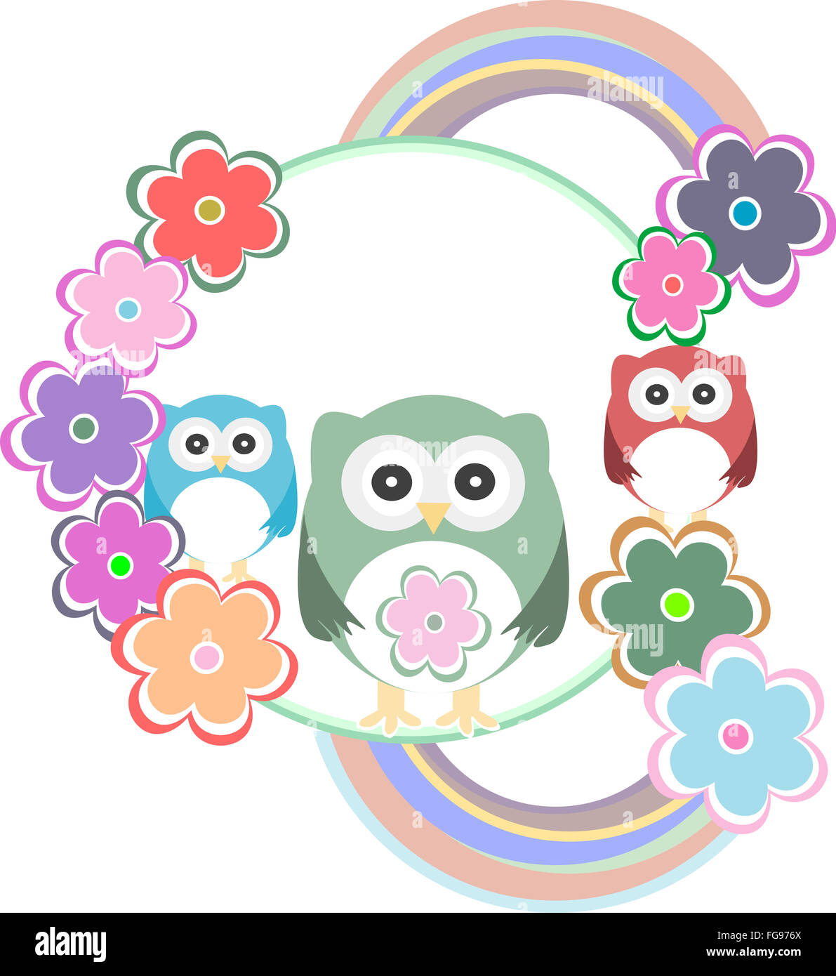 birthday party card with cute birds, owl family and flowers Stock Photo ...