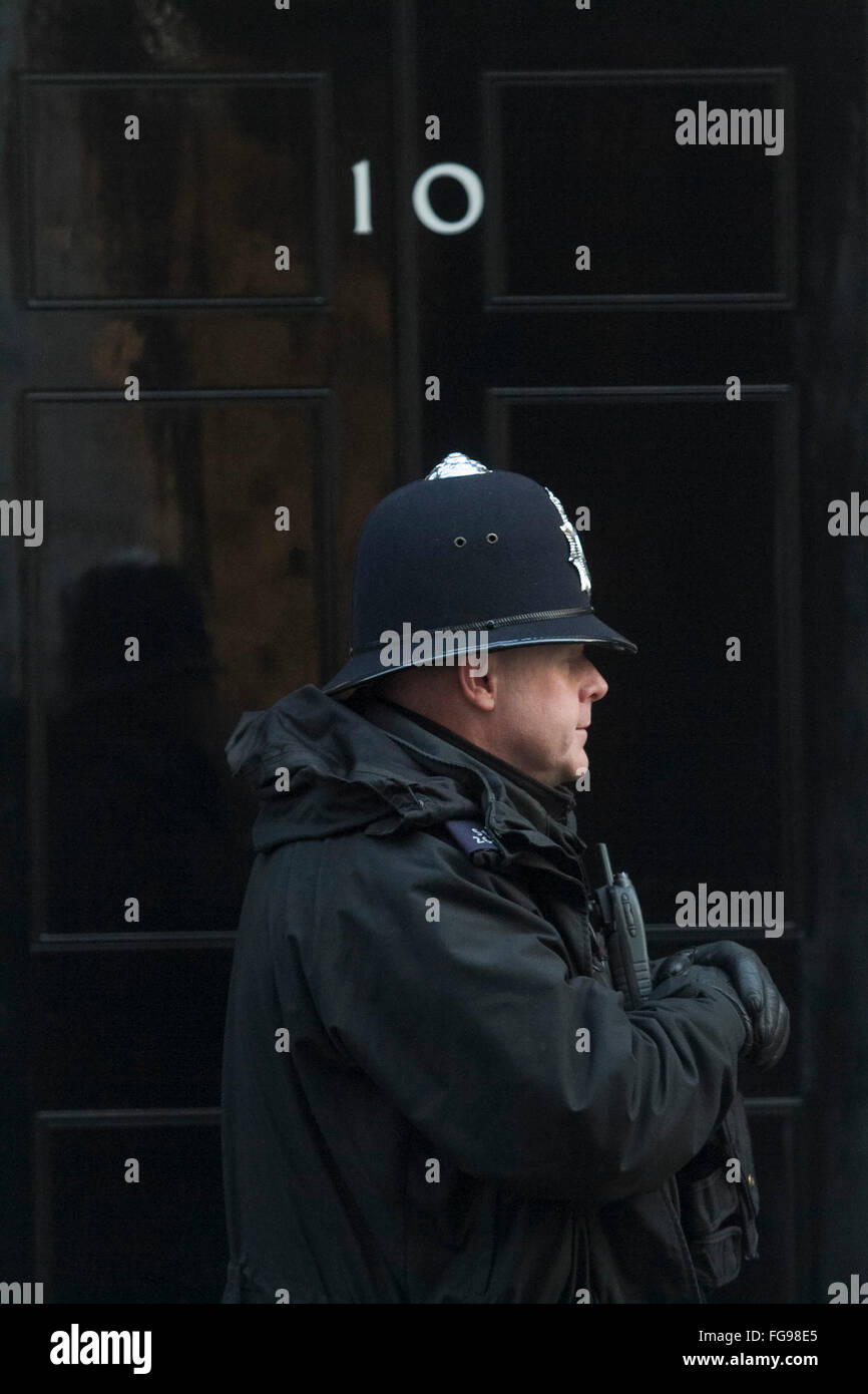 London,UK. 18th February 2016. A police officer stands outside 10 Downing Street. Police officers spend less than half their time on beat patrols  which is blamed on red tape rather than budget cuts. Credit:  amer ghazzal/Alamy Live News Stock Photo