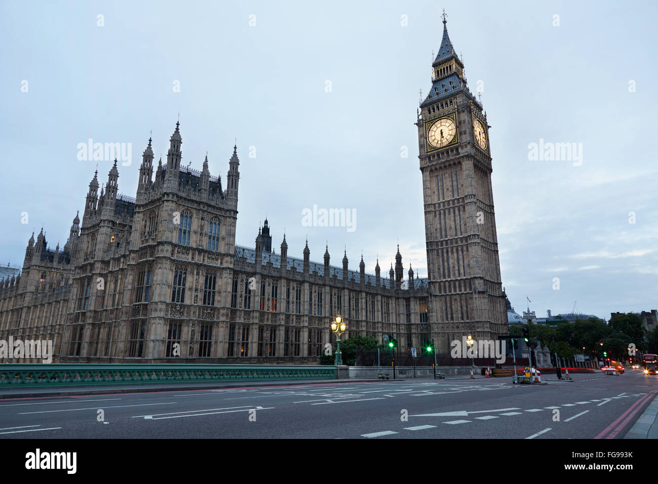 Big Ben and Palace of Westminster in the early morning in London, nobody, natural colors and lights Stock Photo