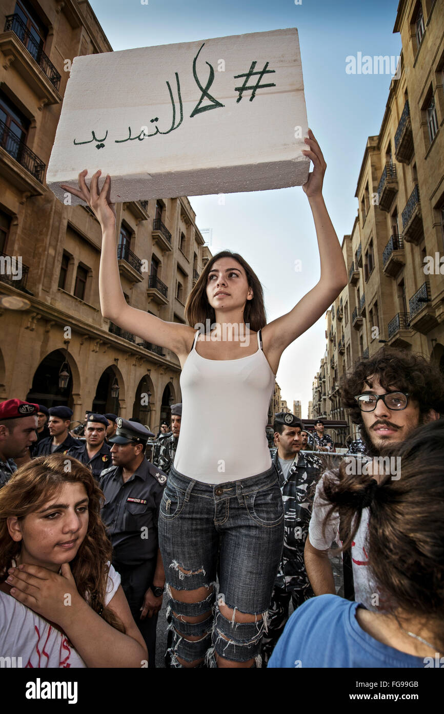 Young demonstrators protesting in Downtown Beirut against the change in the legislature by the government. Stock Photo