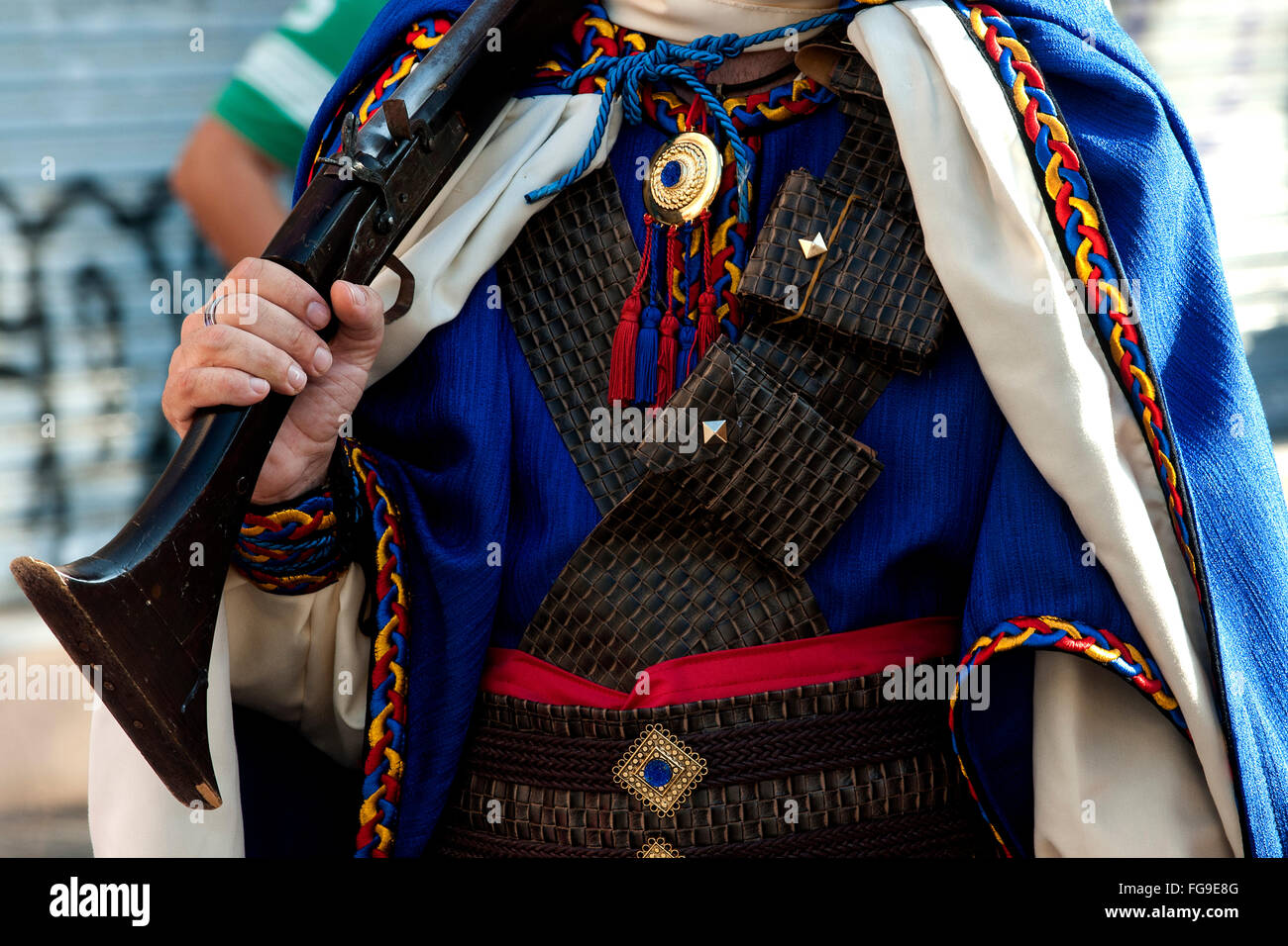 Detail of a participant in the parade of Moors and Christians Stock Photo