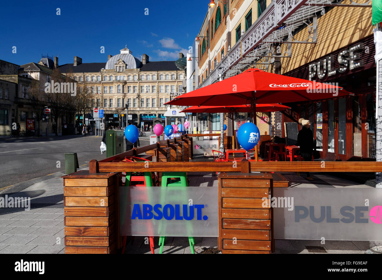 Pulse Street bar on pavement, Churchill Way, Cardiff city centre, Cardiff, Wales, UK. Stock Photo