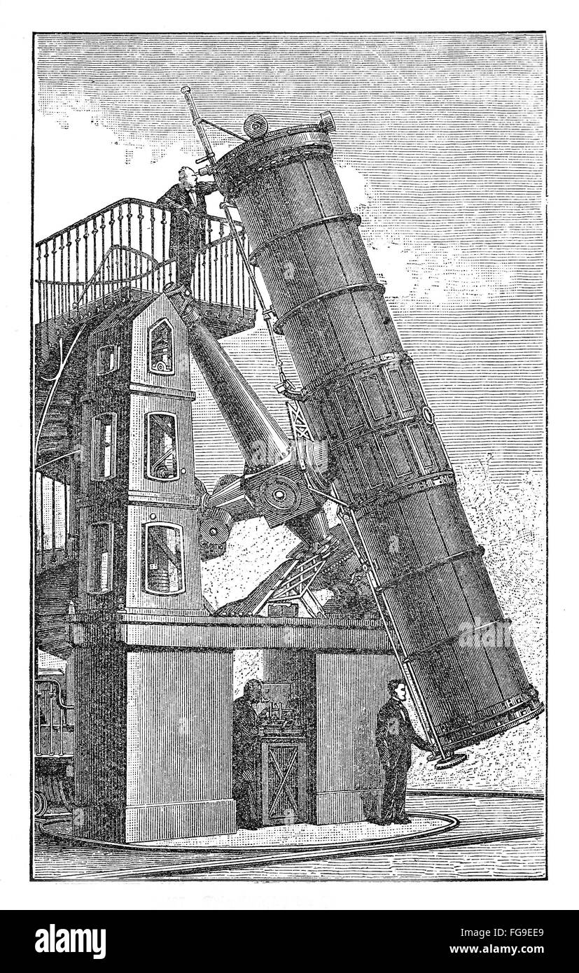 Vintage engraving describing a reflecting telescope Stock Photo