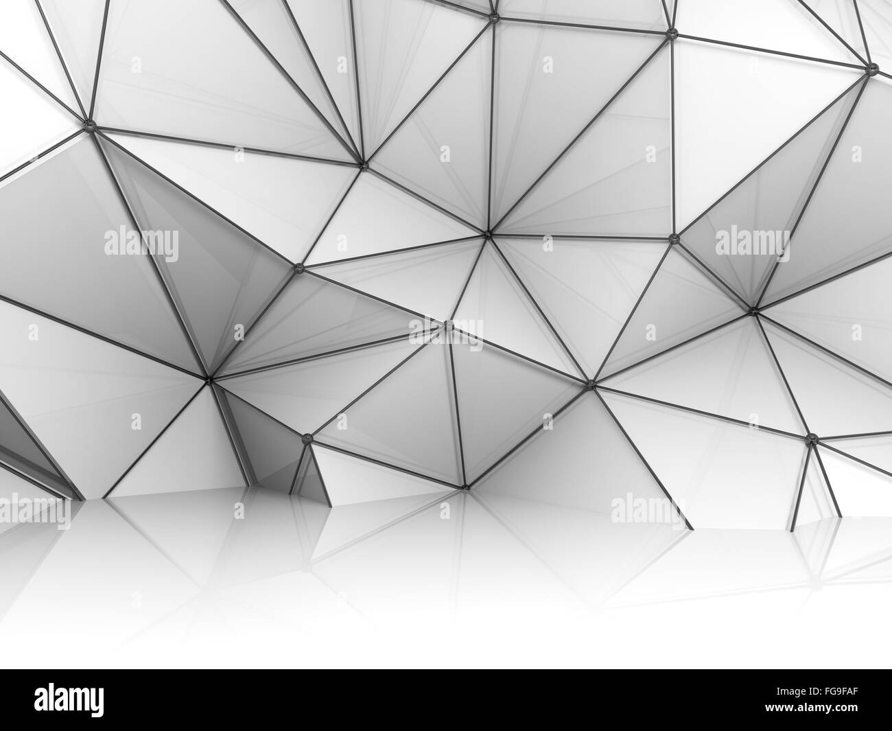 Abstract white 3d interior, chaotic polygonal relief pattern on the wall with black metal wire-frame mesh structure Stock Photo
