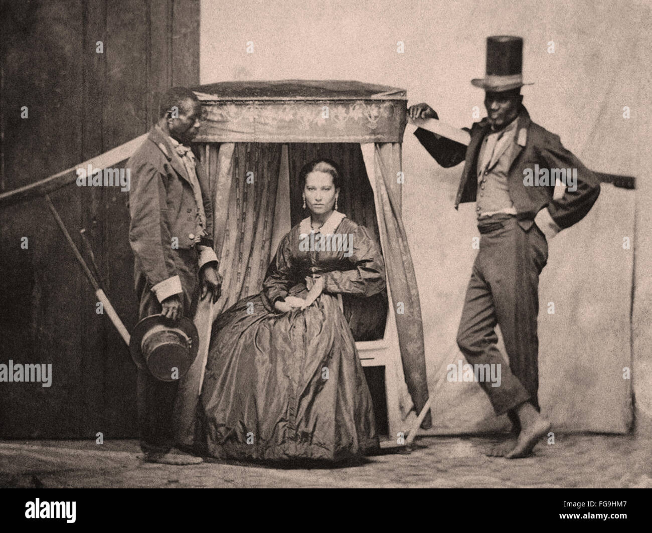 Lady in the litter with two slaves in Bahia   Brazil   1860 Stock Photo