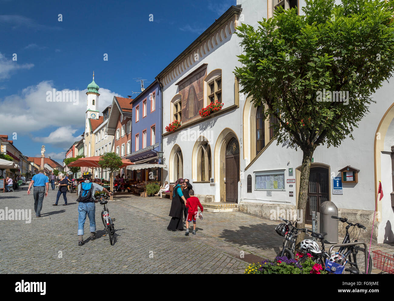 geography / travel, Germany, Bavaria, Murnau, Pfaffenwinkel, Untermarkt, city hall, Church of Our Lady Help of Christians, Additional-Rights-Clearance-Info-Not-Available Stock Photo