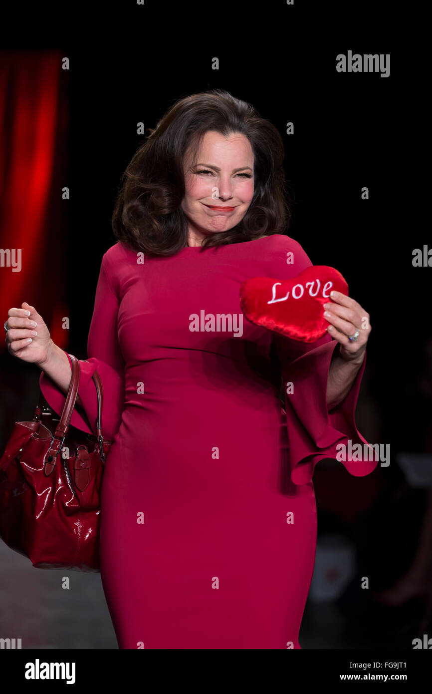 NEW YORK, NY - FEBRUARY 11, 2016: Fran Drescher wearing dress by La Petite Robe Di Chara Boni walks runway for the Heart Truth Red Dress Collection 2016 fashion show at Moynihan Station Stock Photo
