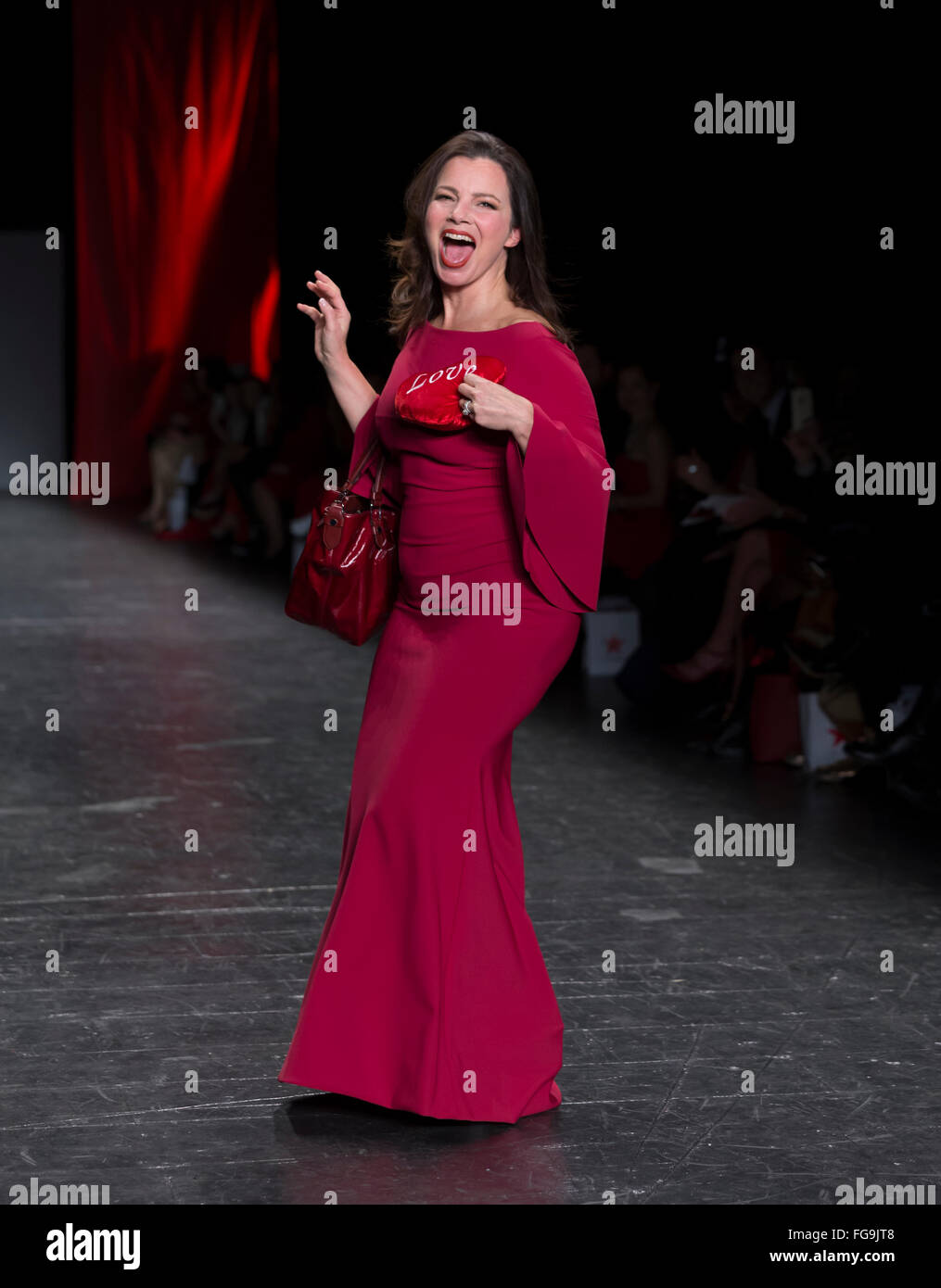 NEW YORK, NY - FEBRUARY 11, 2016: Fran Drescher wearing dress by La Petite Robe Di Chara Boni walks runway for the Heart Truth Red Dress Collection 2016 fashion show at Moynihan Station Stock Photo