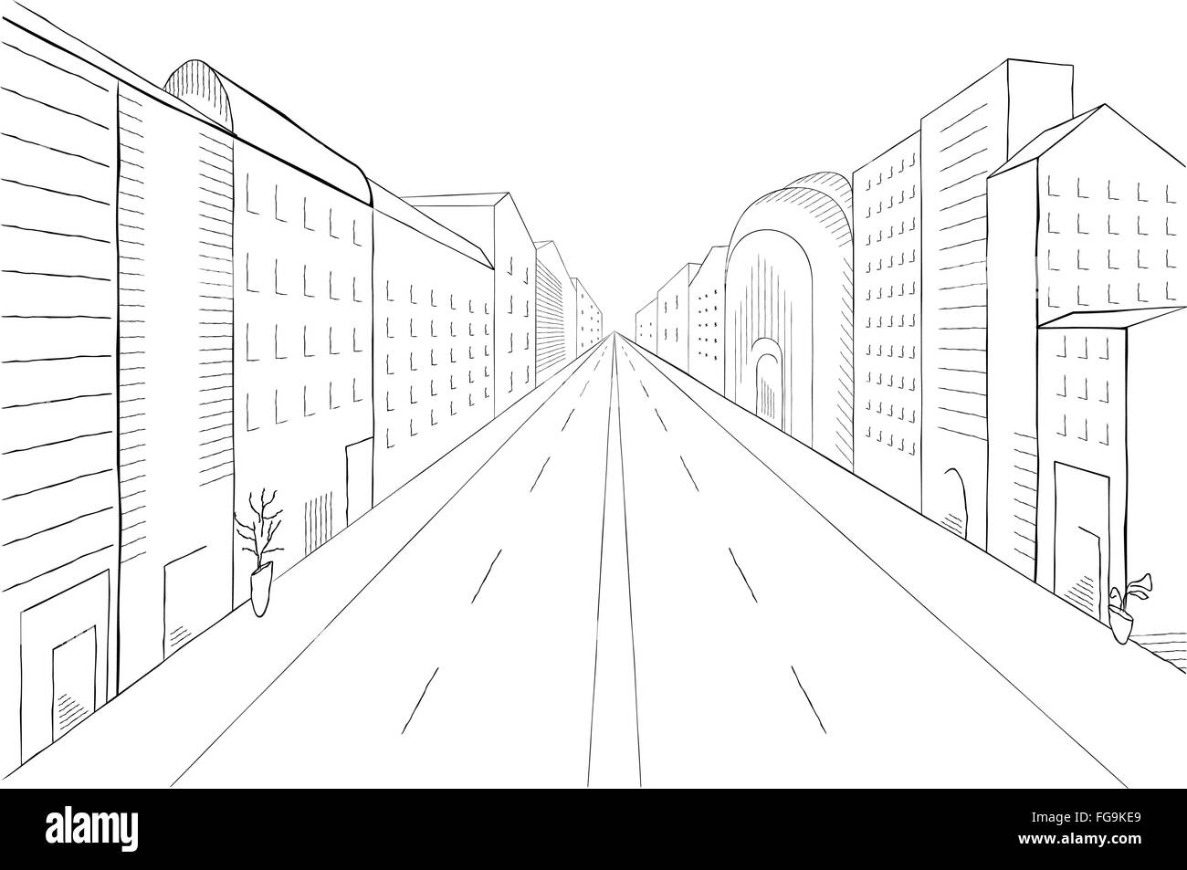 Urban monochrome landscape, vector illustration. Modern city street with buildings, skyscrapers and trees perspective. Stock Vector