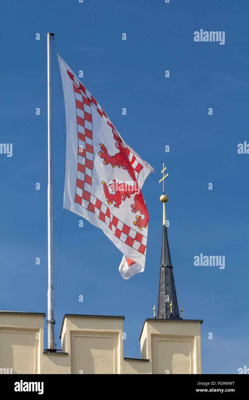 geography / travel, Bavaria, Wasserburg am Inn, flag with city arms on the Brucktor (gate), Additional-Rights-Clearance-Info-Not-Available Stock Photo