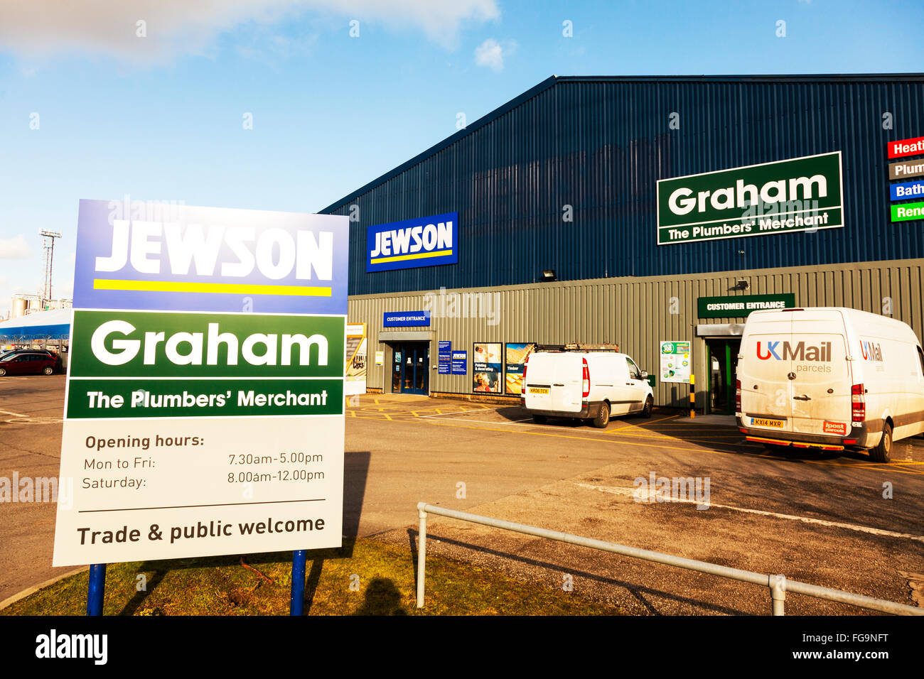 Jewson Jewsons trade supplies supplier Graham plumbers merchant sign industrial estate Louth Lincolnshire UK England GB Stock Photo
