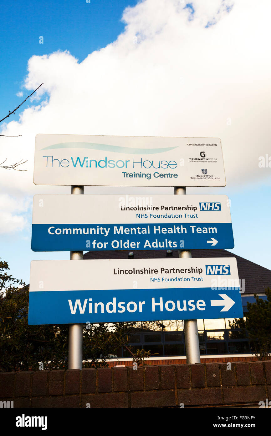 Mental Health team crisis help NHS centre center sign The Windsor House industrial estate Louth Lincolnshire UK England GB Stock Photo