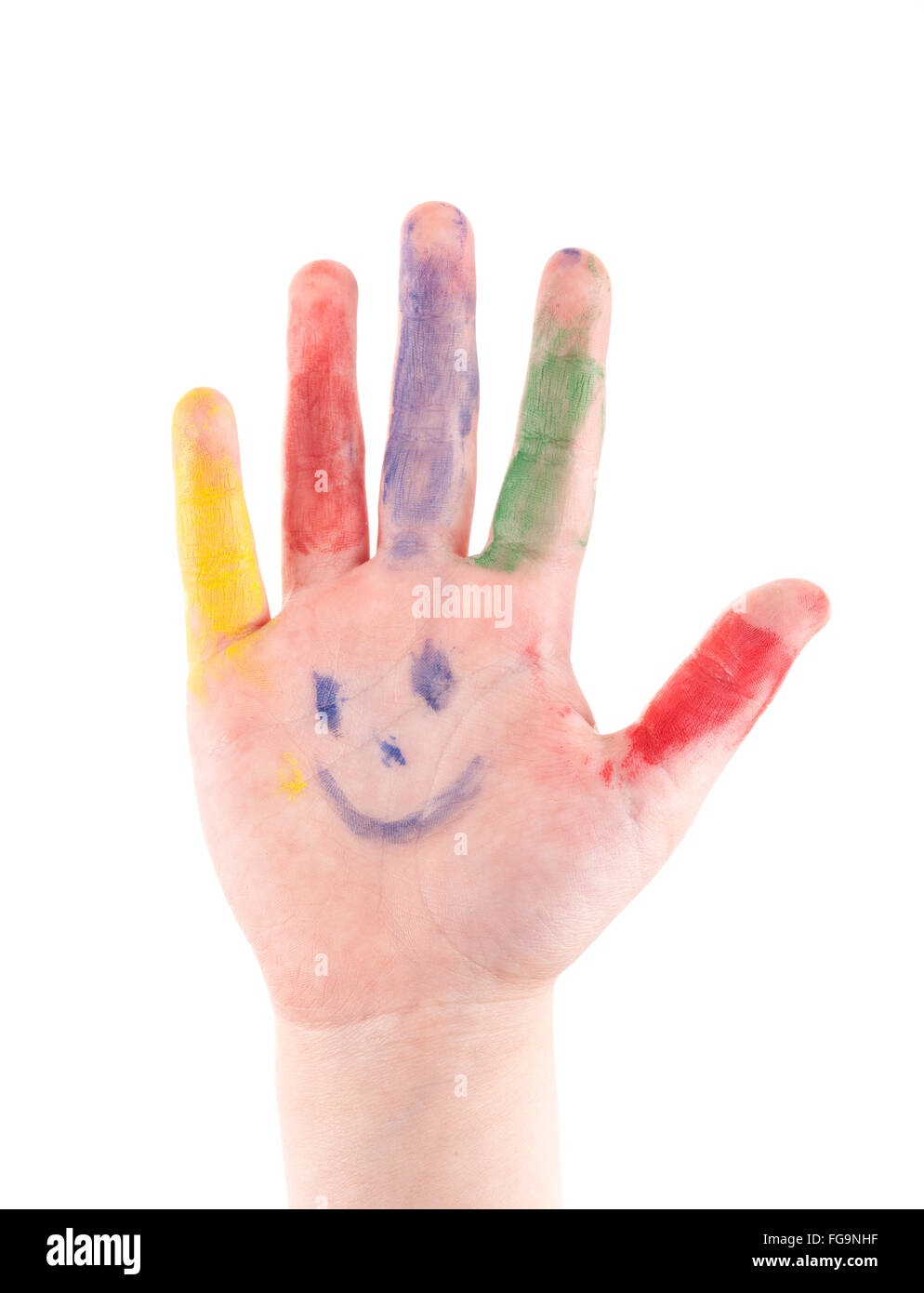childrens hand palm colorful painted  isolated on white background Stock Photo