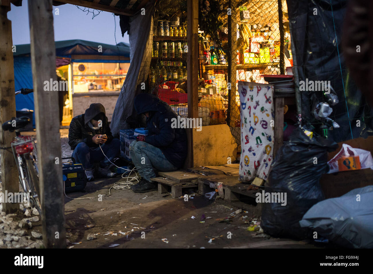 in the Jungle Refuee Camp, Calais, France. Stock Photo