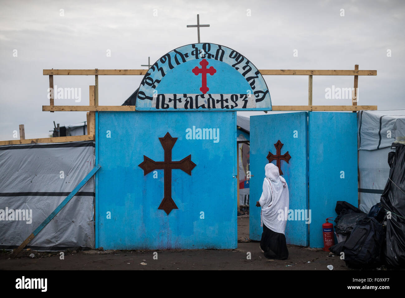 in the Jungle refugee camp, Calais, France. Stock Photo
