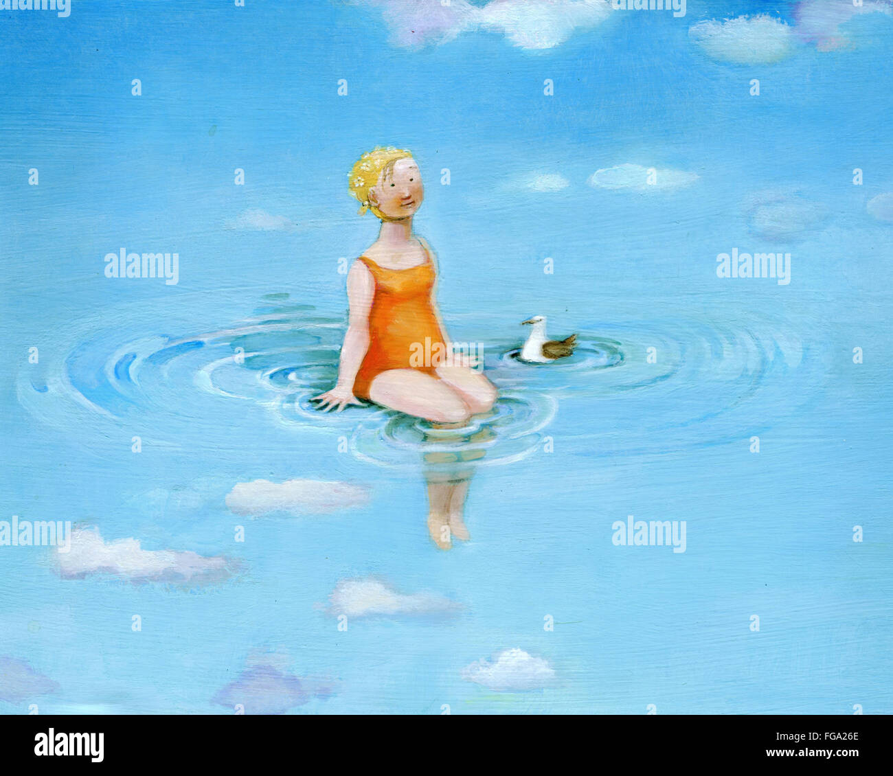 a woman in red costume sitting floats in the sky that seems water is ...