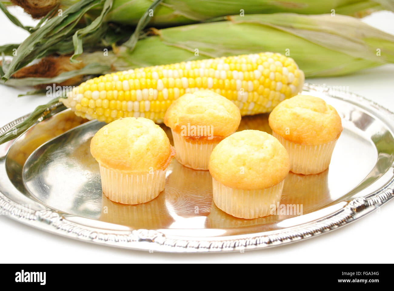 Fresh Corn with Corn Muffins on a Silver Tray Stock Photo