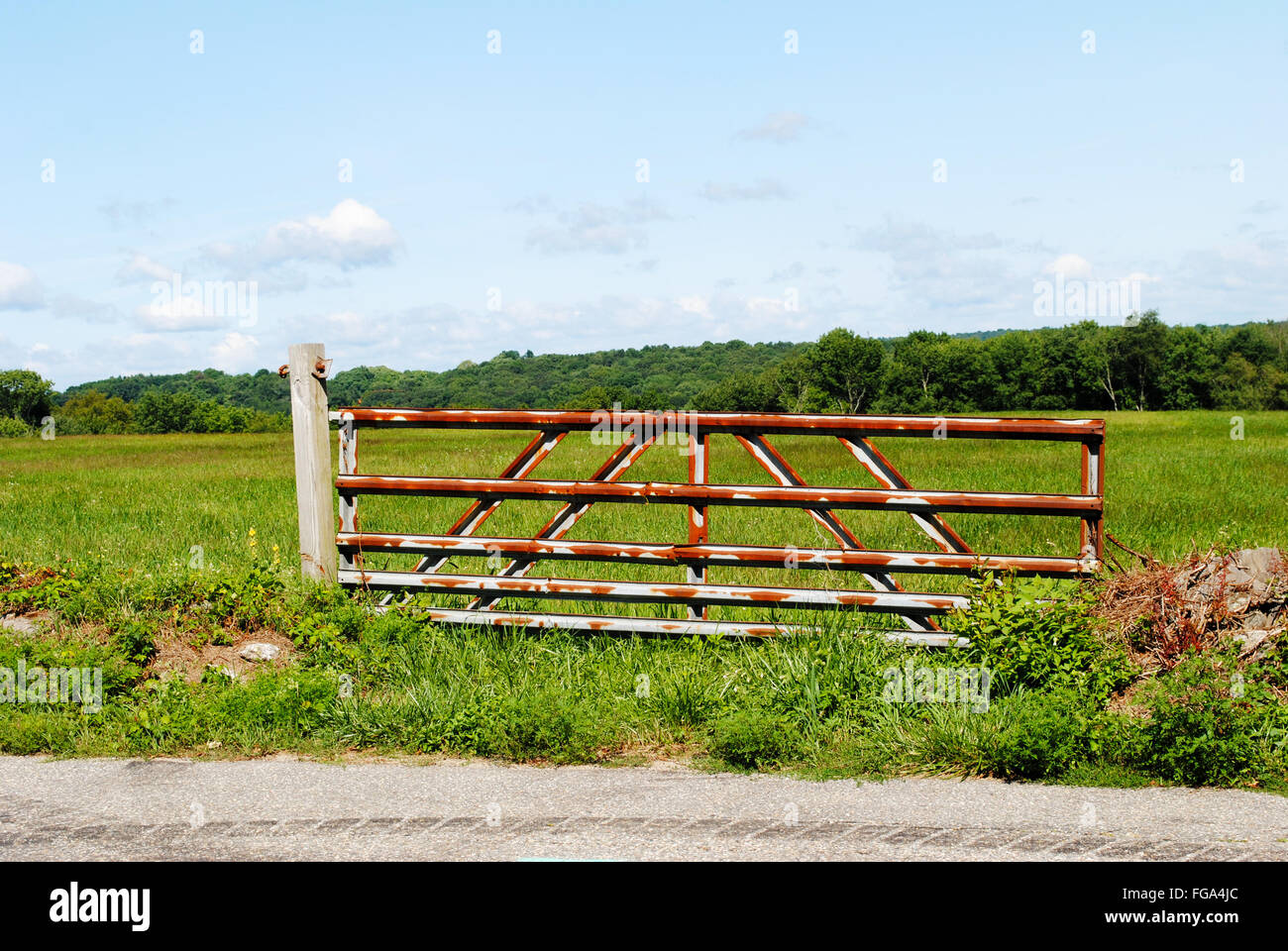 Rusty Metal Fence Protecting a Grazing Field Stock Photo - Alamy
