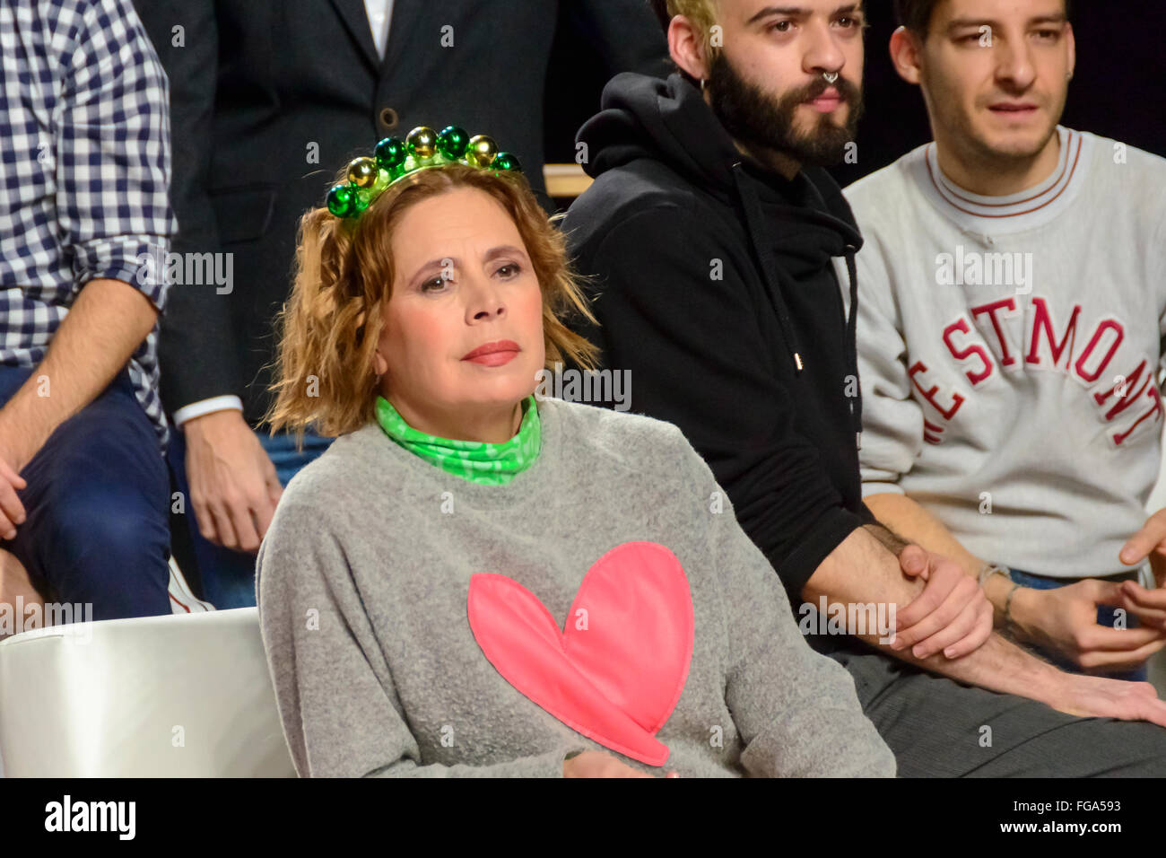 18th February 2016 Madrid, Spain. Agatha Ruiz de la Prada   sitting at the front row of the group photo. An informal presentation of the fashion designers participating in the Mercedes Benz Fashion Week Madrid 2016 was held at Hall 14.1 at IFEMA Madrid, Spain.  © Lawrence JC Baron/Alamy Live News. Stock Photo
