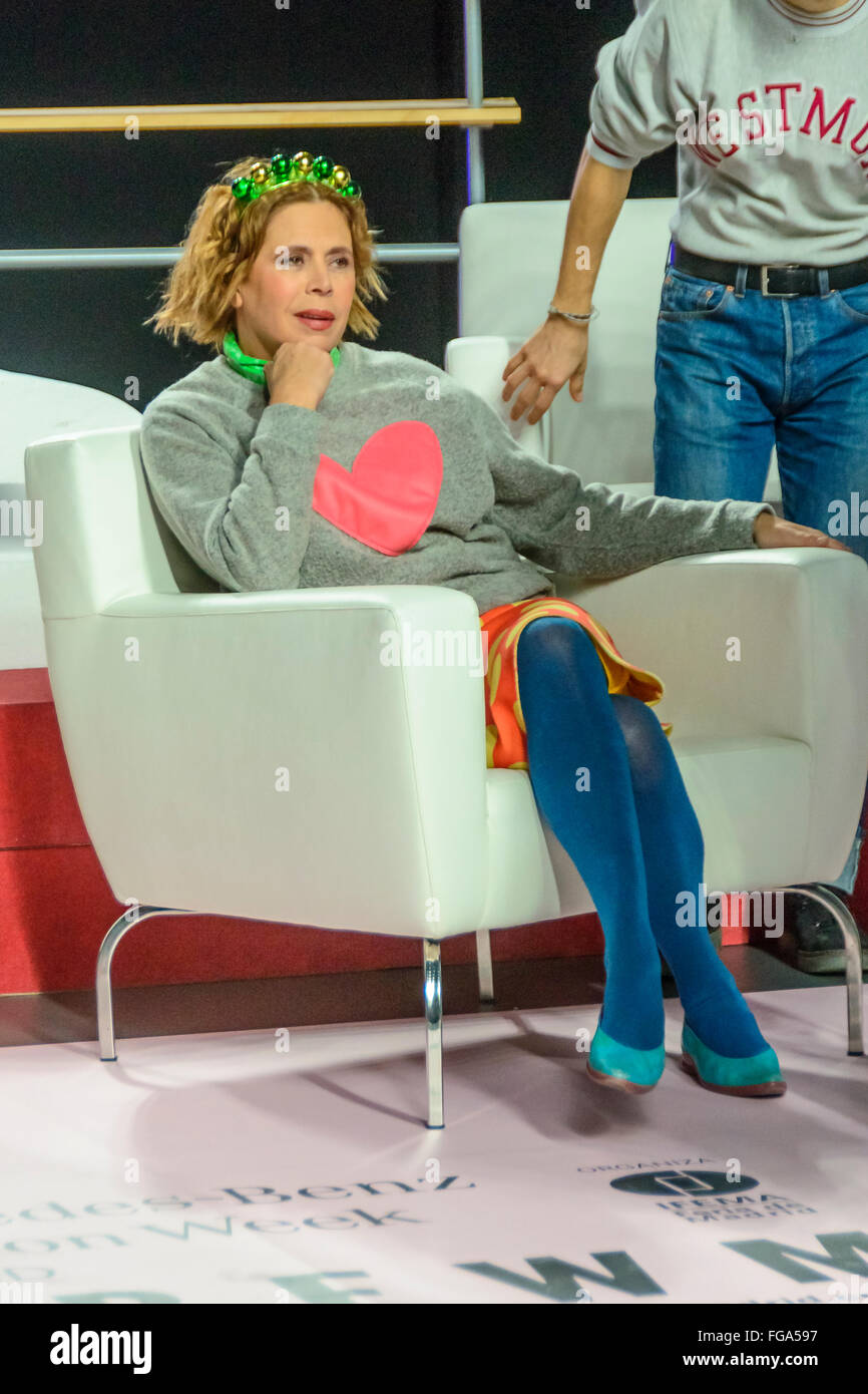 18th February 2016 Madrid, Spain. Agatha Ruiz de la Prada   sitting at the front row of the group photo. An informal presentation of the fashion designers participating in the Mercedes Benz Fashion Week Madrid 2016 was held at Hall 14.1 at IFEMA Madrid, Spain.  © Lawrence JC Baron/Alamy Live News. Stock Photo