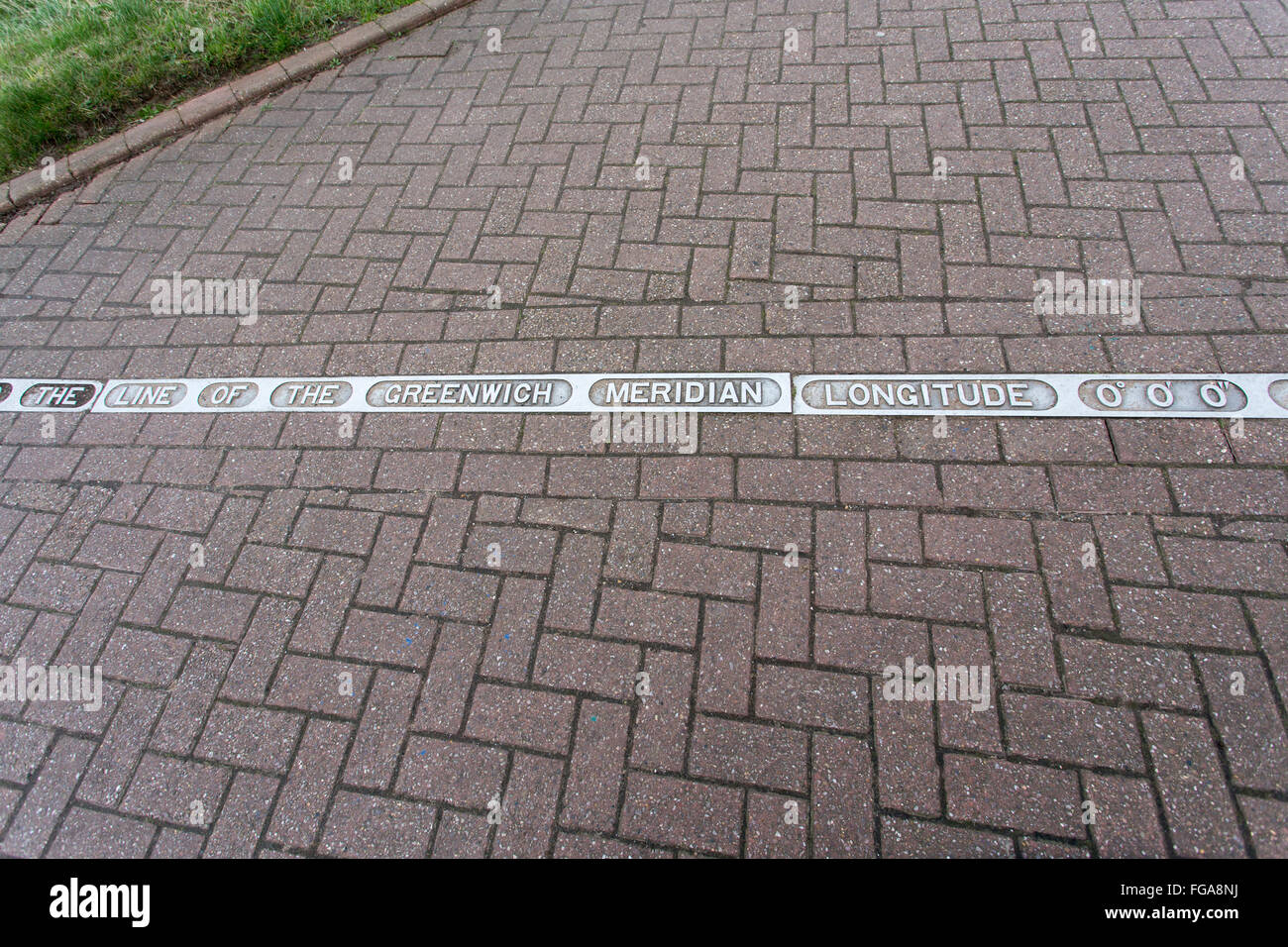 Greenwich Meridian Line at Cleethorpes UK. The stainless steel metal line was made by Hadcliffes of Sheffield in the 1930's Stock Photo
