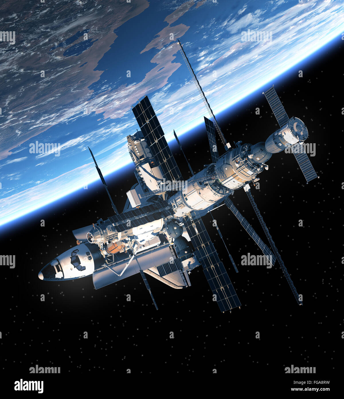 Space Shuttle And Space Station Orbiting Earth. 3D Scene. Stock Photo