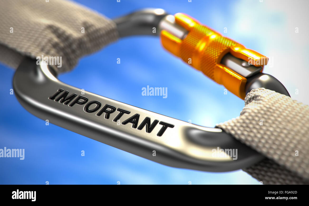 Chrome Carabiner Hook with Text Important. Stock Photo