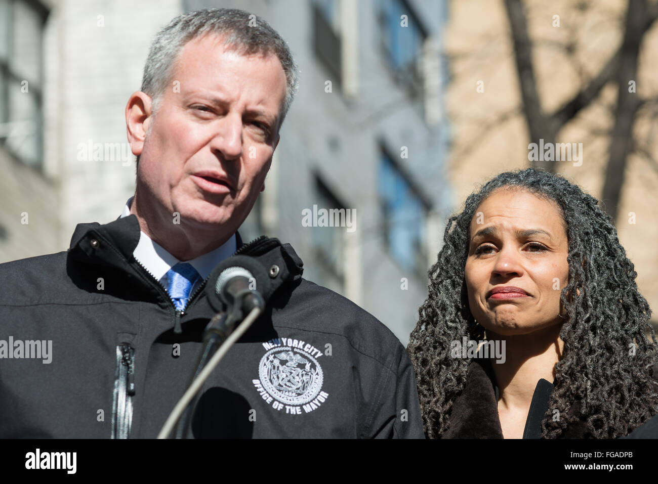 Mayor de Blasio responds to a member of the press as his Counsel Maya Wiley stands next to him. Mayor Bill de Blasio announced the launch of the LinkNYC public WiFi and communications network that will be implemented throughout New York City with the unveiling of the first of 7500 terminal kiosks on Third Avenue at East 16th Street; and responded to questions from members of the press regarding the data that will be collected by the system, privacy concerns, and the potential use of the kiosks as surveillance devices (Photo by Albin Lohr-Jones/Pacific Press) Stock Photo