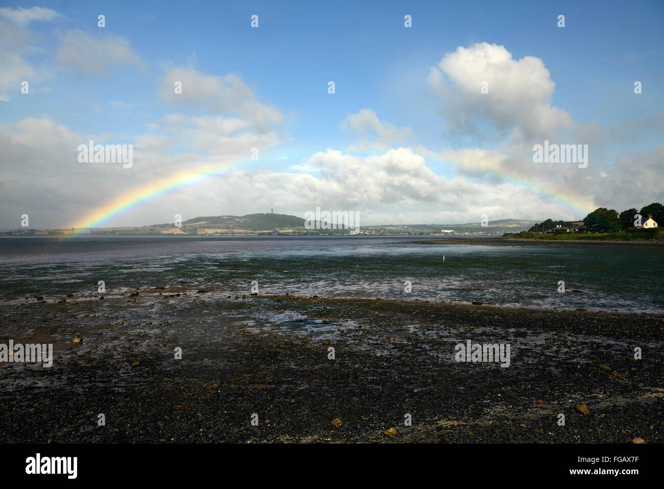 Rainbow over Strangford Lough sea loch inlet county Down shower showery weather RM Ireland Stock Photo