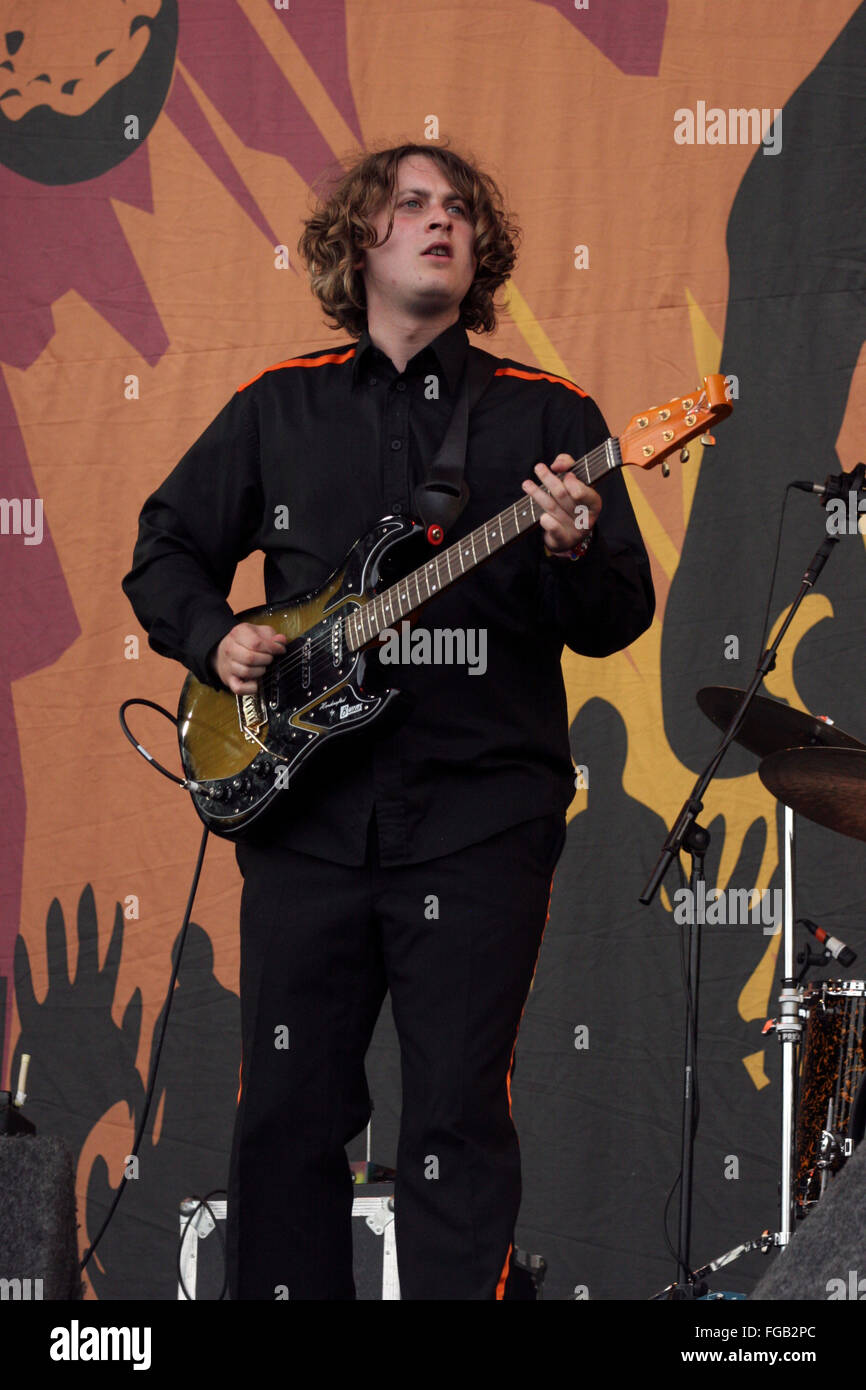 Dave McCabe lead singer in The Zutons performing at the Glastonbury
