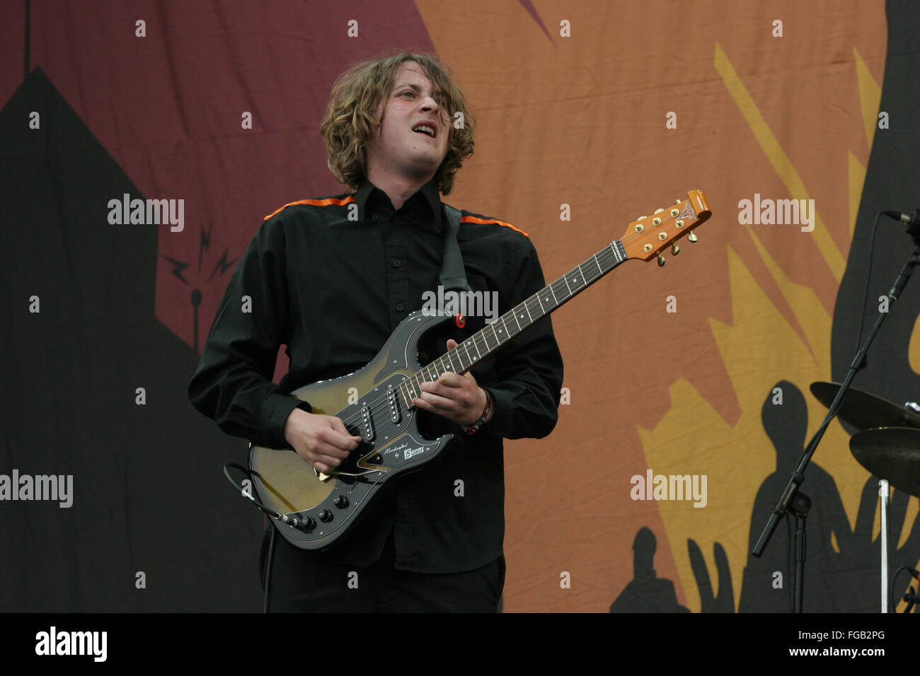 Dave McCabe lead singer in The Zutons performing at the Glastonbury