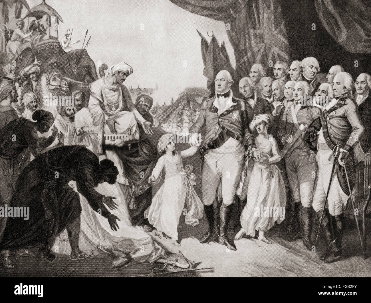 Lord Cornwallis receiving the sons of Tipu Sahib as hostages in 1792.  Charles Cornwallis, 1st Marquess Cornwallis, 1738 – 1805, aka Viscount Brome and The Earl Cornwallis.  British Army officer, colonial administrator, Governor General of India. Stock Photo