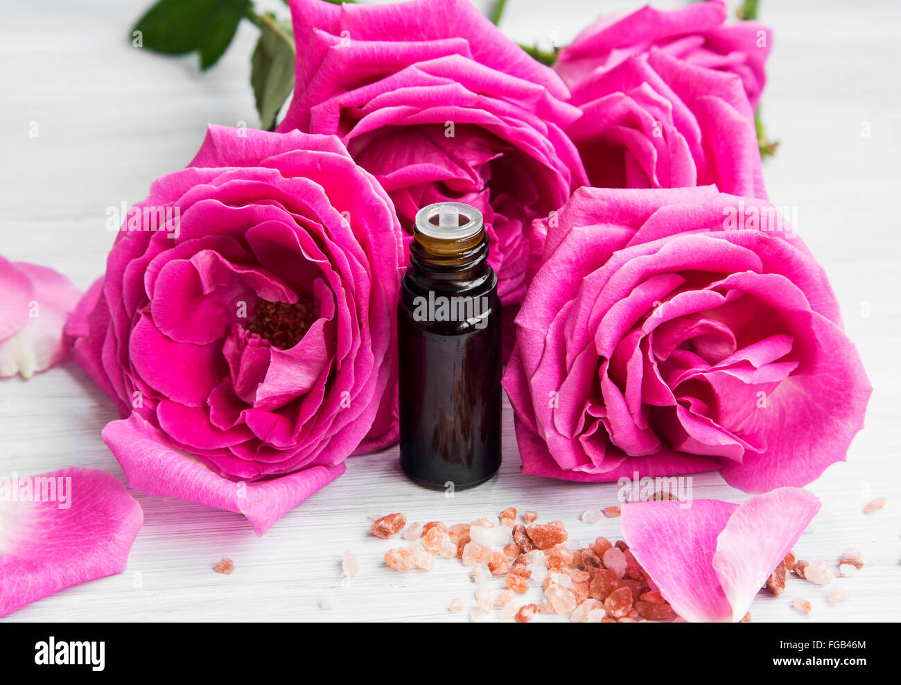 Roses essential oil in a bottle with roses and petals Stock Photo