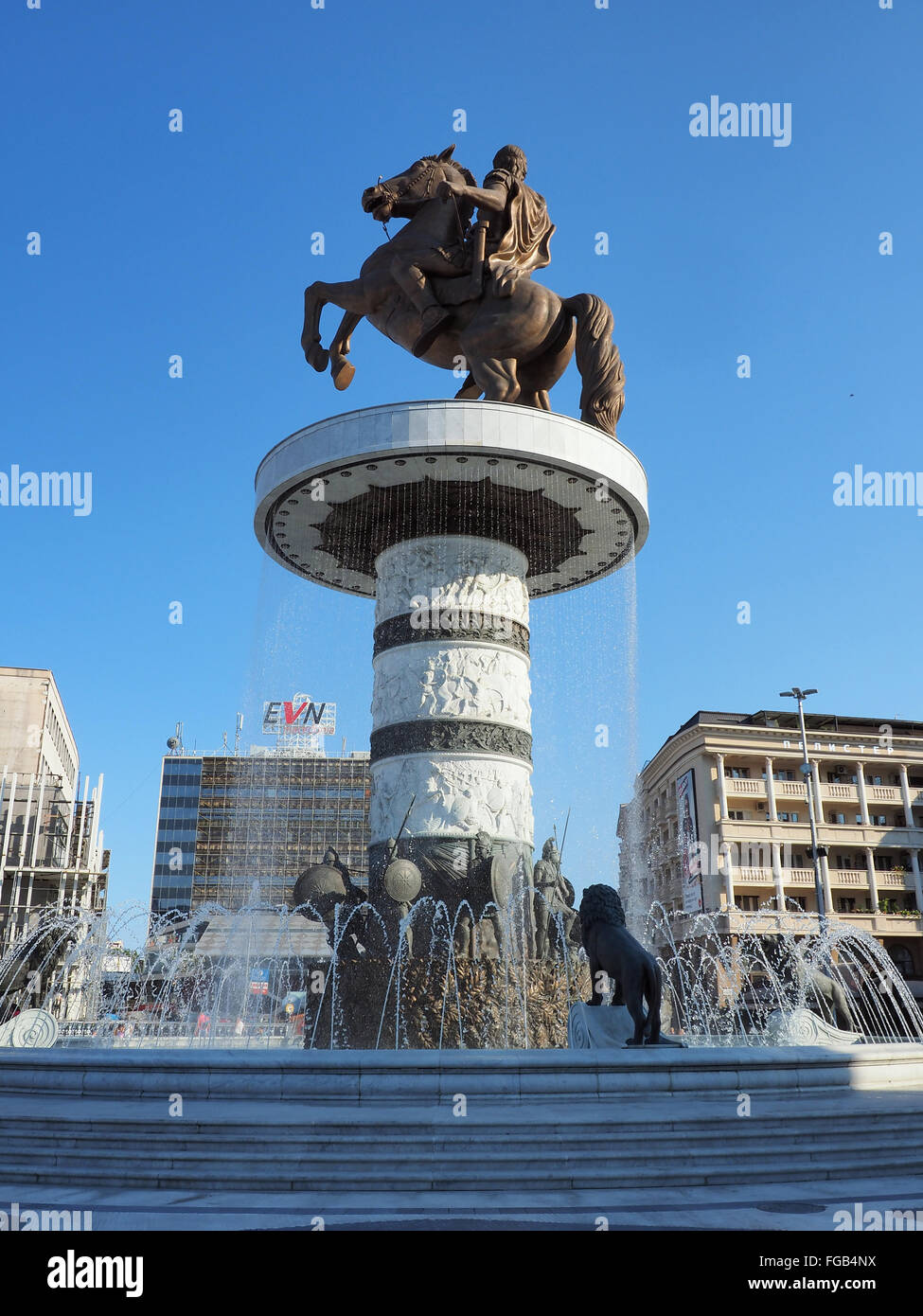 Skopje, Macedonia - September, 30, 2015: Statue of Alexander the Great on main square in downtown of Skopje, fountain Stock Photo