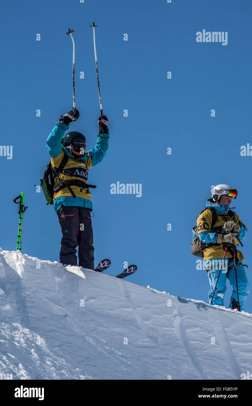 Skier putting his poles up to confirm he is ready to compete Stock Photo