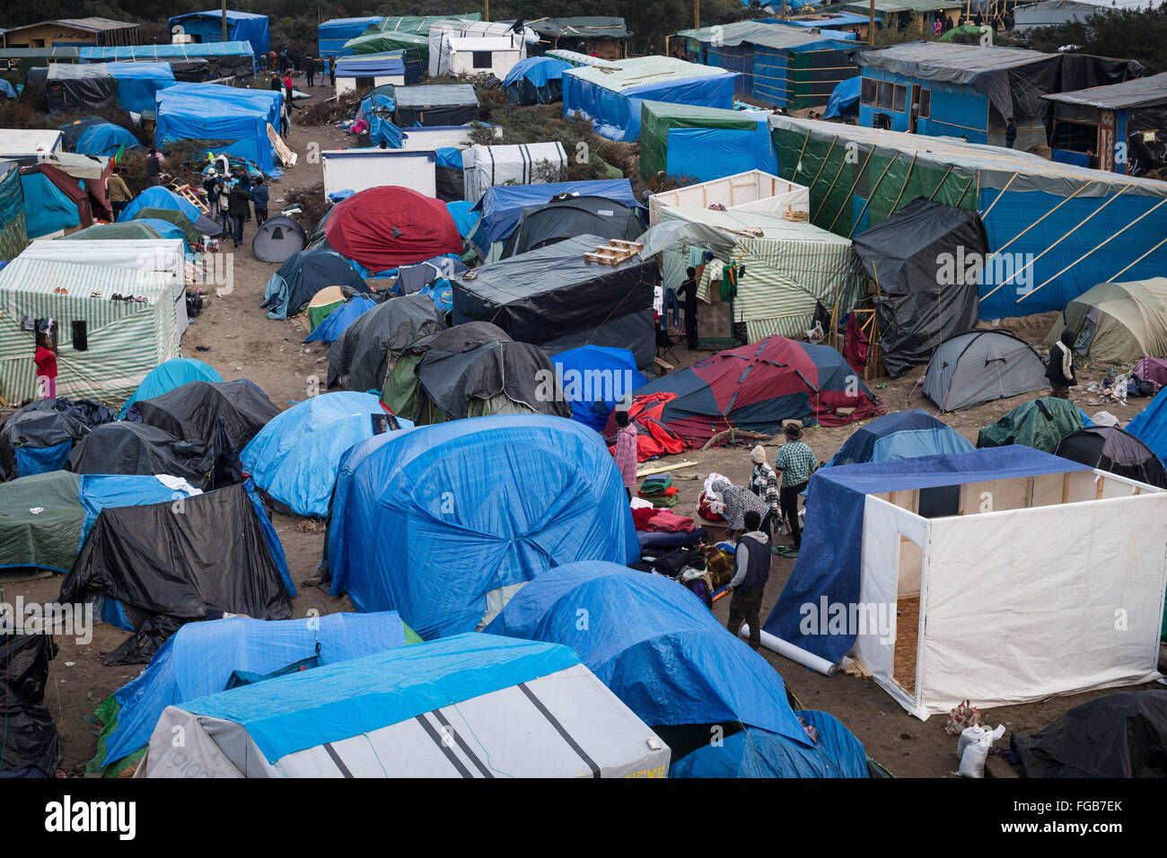 Makeshift shelters in the crowded Jungle Refugee Camp, Calais, France