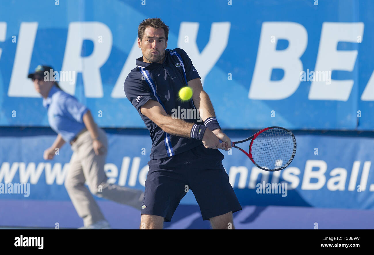 Delray Beach, Florida, USA. 18th Feb, 2016. Jeremy Chardy(FRA) in action here defeats Noah Rubin(USA) 64 62 at the 2016 Delray Beach Open an ATP Masters 250 tournament held at the Delray Beach Tennis Center in Delray Beach, Florida. Credit:  Andrew Patron/ZUMA Wire/Alamy Live News Stock Photo