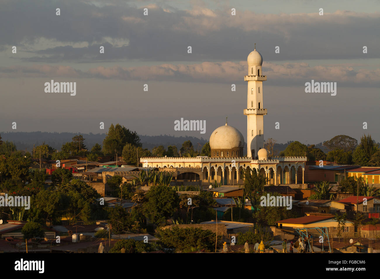 A mosque in the golden early morning sun, Hossana, Ethiopia Africa Stock Photo